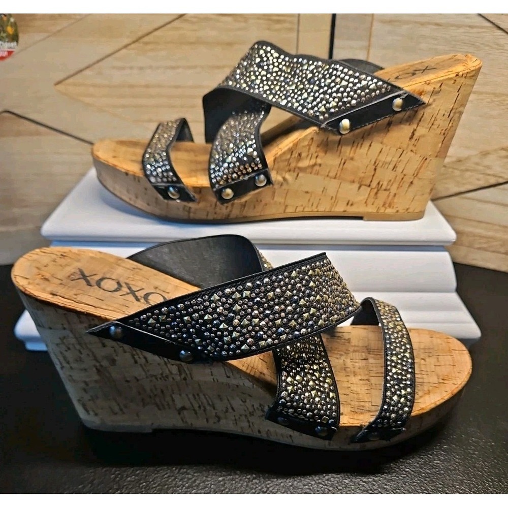 Rhinestone Cork Wedge Sandals 8 Elastic X Strap Comfort Boho Glam Sparkle #661